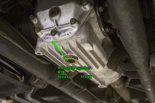 The three digit transaxle number is stamped into the rear of the differential (s/n 16025, gearbox 305).