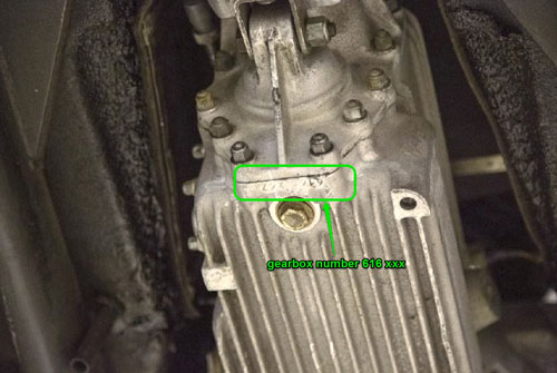 The three digit gearbox number is stamped into rear bottom of the transmission (s/n 16025, gearbox 267).