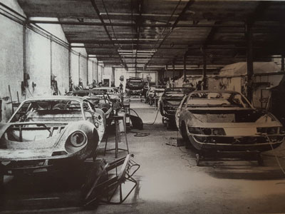 Unlike Daytona and Dino bodies, which were designed by Pininfarina but built by Carrozzeria Scaglietti (shown here circa 1969), the 365 GTC/4 bodies were both designed and built at Pininfarina. Unfortunately, no photo of the Pininfarina production line from 1972 could be located.